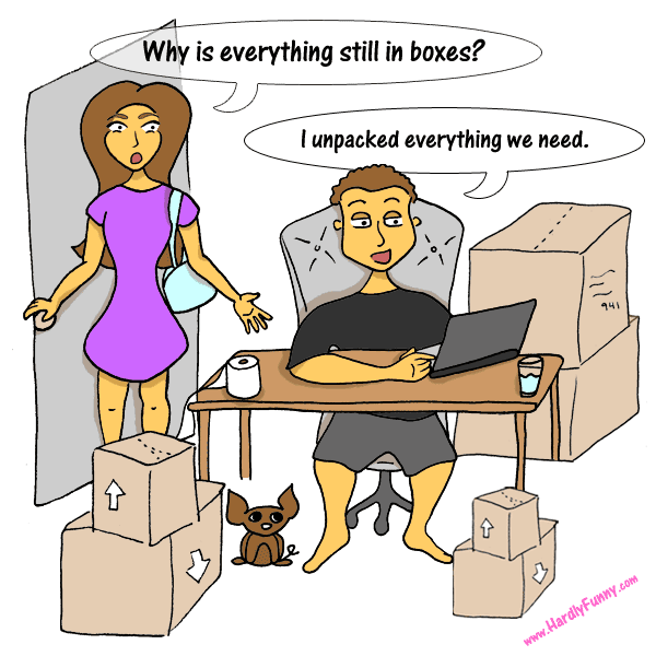 Samantha, carrying a purse, walks into a new home full of unopened moving boxes. Randall sits at a desk with only his laptop, a toilet paper roll and a glass set up, and Scribbles sits under the desk.