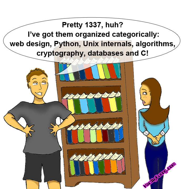 Randall stands proudly with hands on hips beside a tall bookcase packed with his programming books, while Samantha, hands clasped, eyes it skeptically.