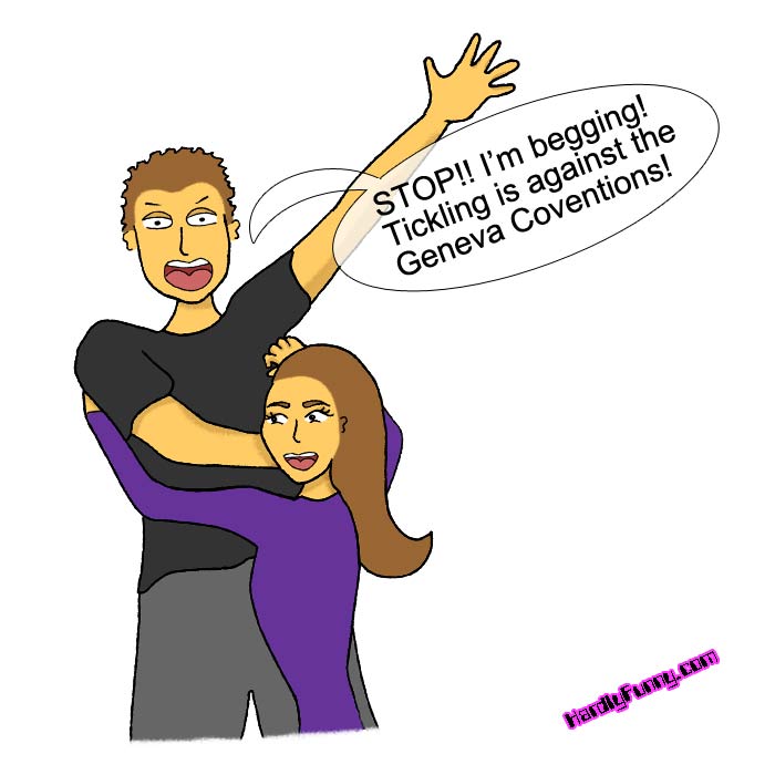 Samantha, in a purple top, hugs and tickles Randall, who throws one arm in the air and yells.
