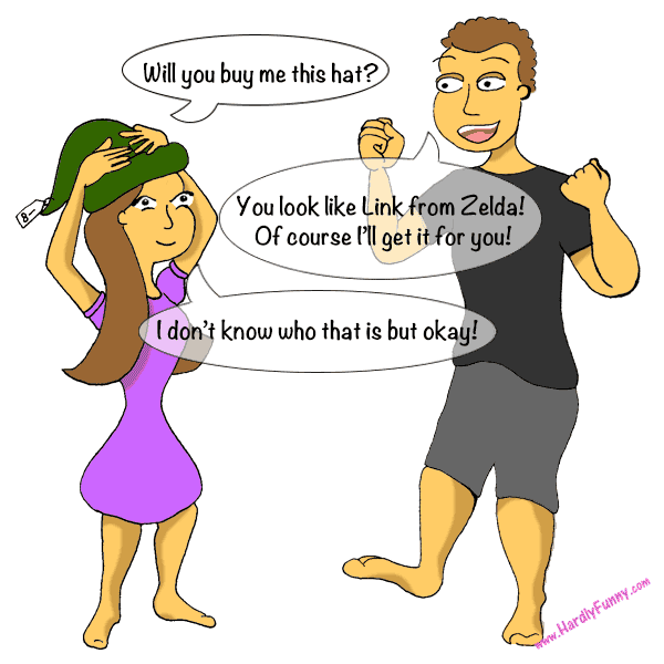 While shopping, Samantha tries on a green floppy hat with a price tag. Randall, beside her, pumps his fists excitedly.