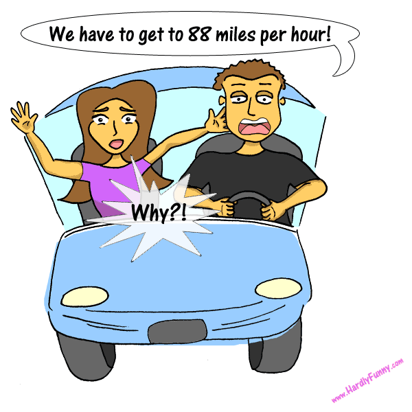 Randall grips the wheel of a small blue car, looking panicked as he shouts, while Samantha throws her arms up in alarm in the passenger seat.