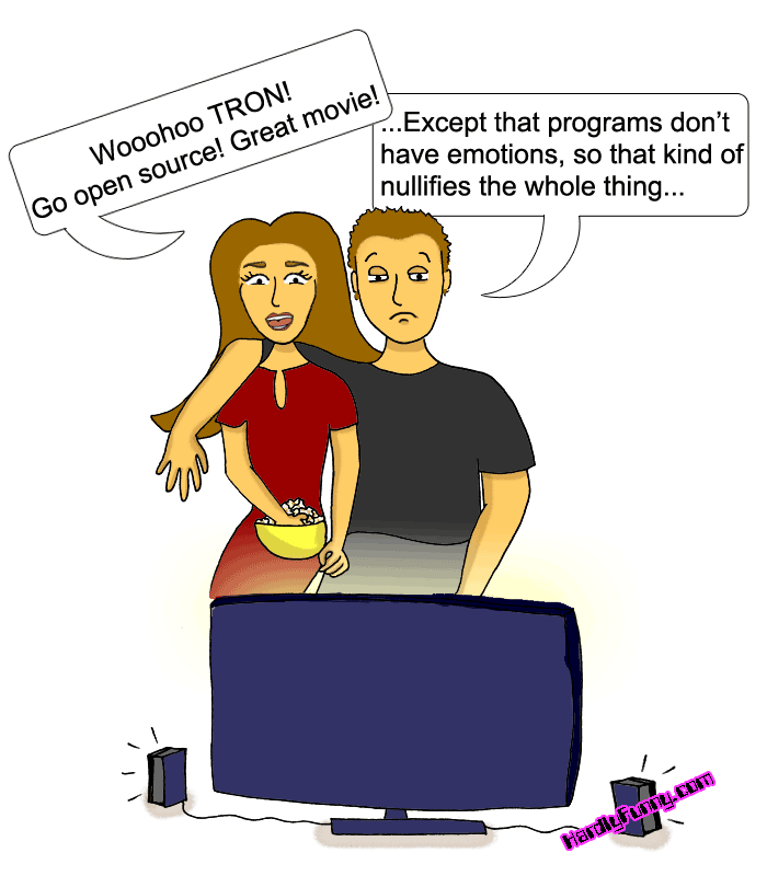 Samantha, in a red dress and holding a bowl of popcorn, cheers in front of a TV while Randall stands behind her looking unimpressed.