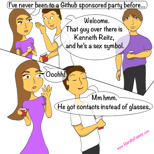 Two panels at a party: a man in a white T-shirt talks to Samantha, both holding red cups, and points out another man in a purple shirt across the room.