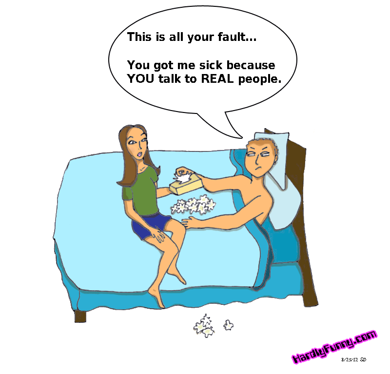 Randall lies sick in bed, glaring and pulling tissues from a box, with used tissues scattered around, while Samantha sits on the edge of the bed.