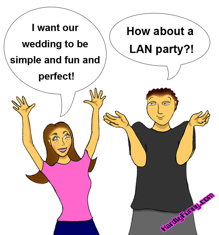 Samantha, in a pink top, throws her arms up excitedly about their wedding while Randall shrugs with his palms up and a sly smile.