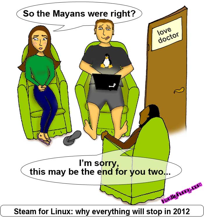 At a couples counselor's office with a "love doctor" door sign, Samantha sits worried while Randall, in a Linux penguin T-shirt, grins at a laptop showing the Steam logo.