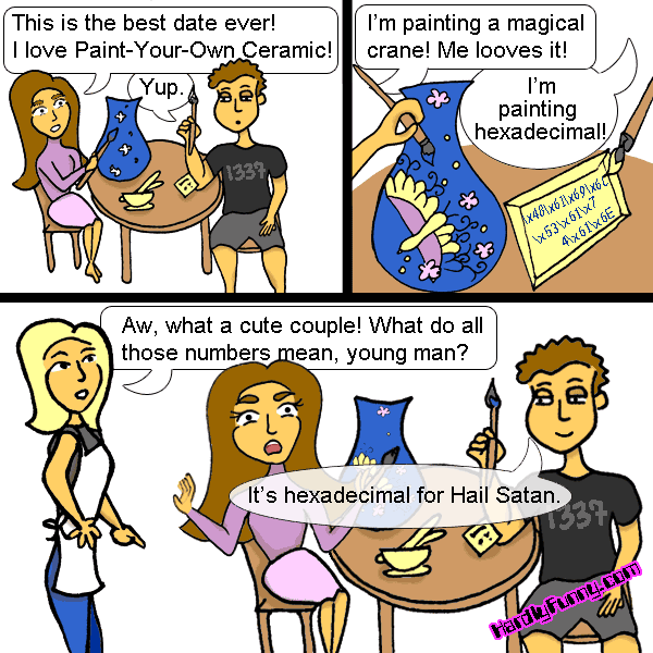 At a paint-your-own-ceramics studio, Samantha paints a crane on a blue vase while Randall, in a 1337 shirt, paints a tile. A blonde staff member in an apron comes over to their table.