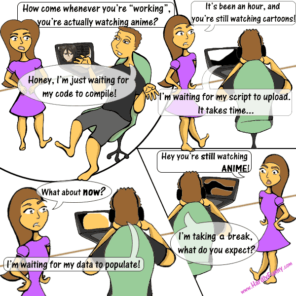 Four panels: Samantha repeatedly checks on Randall, who sits in a green desk chair wearing headphones, his screen showing anime while he says he is working.