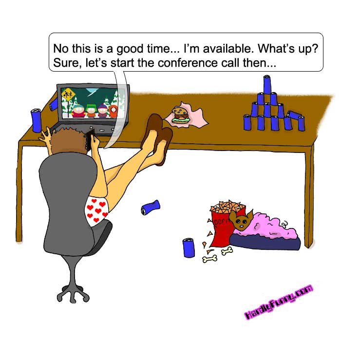 Seen from behind, Randall sits at his desk in heart-print boxers with his feet up, on a phone call while a cartoon plays on his laptop; energy drink cans, snacks and Scribbles in his bed surround him.